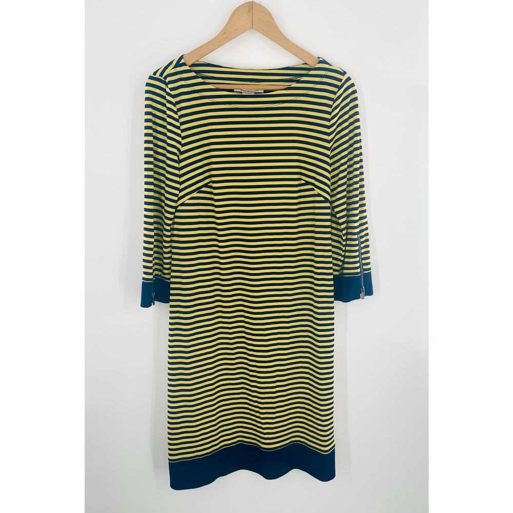 Laundry by Design Yellow and Navy Blue Stripe Dress 3/4 Sleeves w/ Zipper Detail